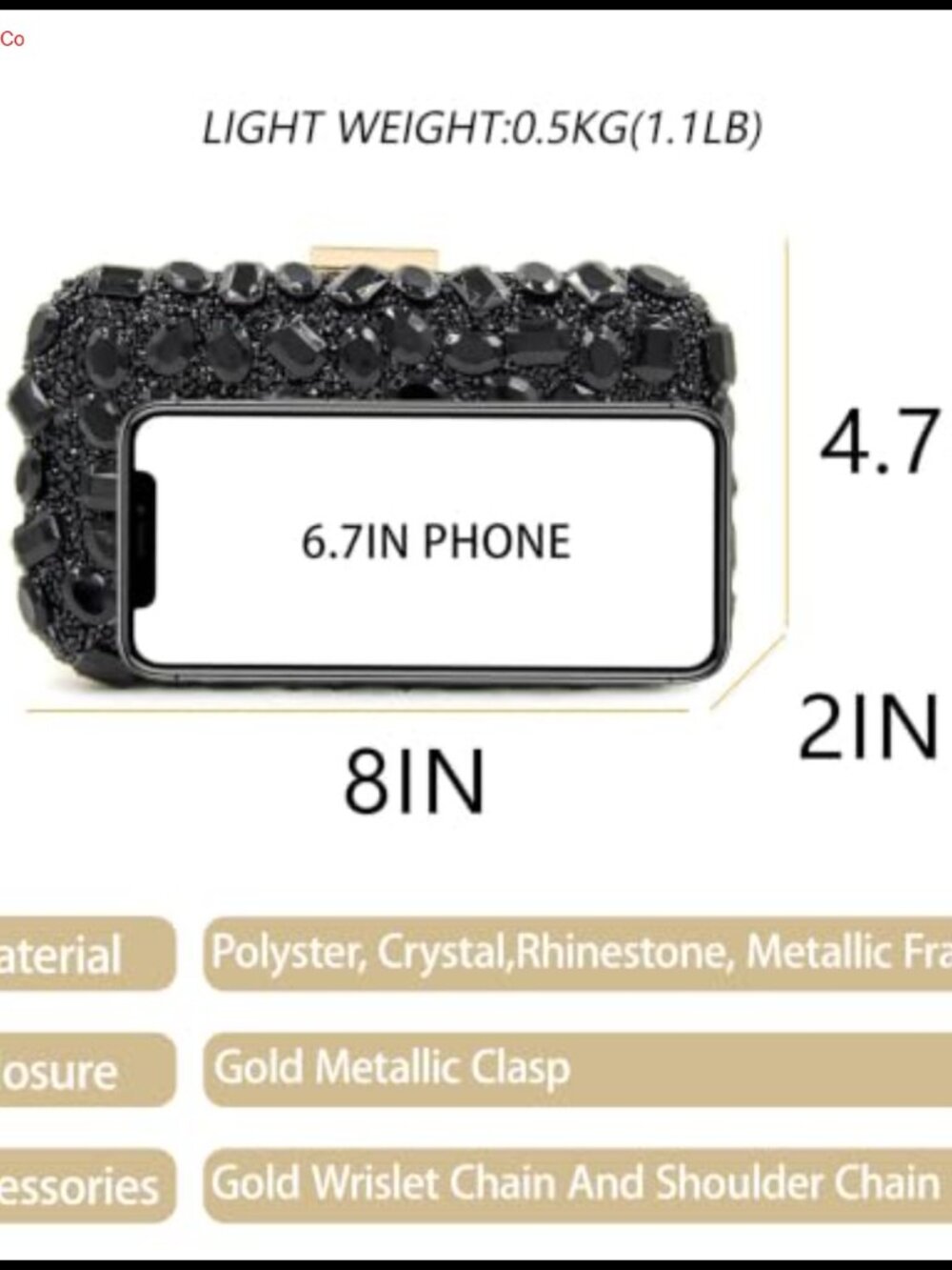 Crystal Evening Clutch with Gold Metal Frame Removable Chain - Picture 5 of 6